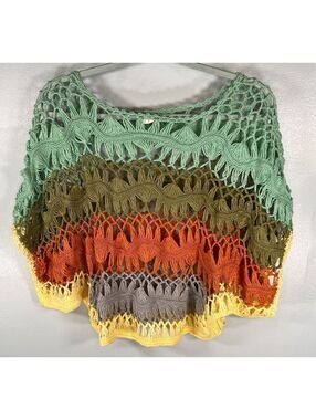 36point5 Boho Open Knit Crochet Colorblock Fringe Pullover Sweater Top Small